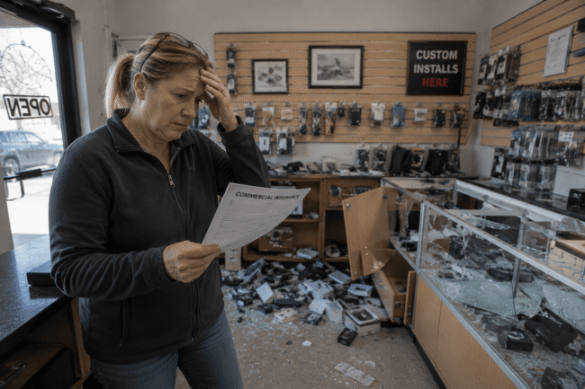 Small business owner reviewing business interruption coverage after a break-in