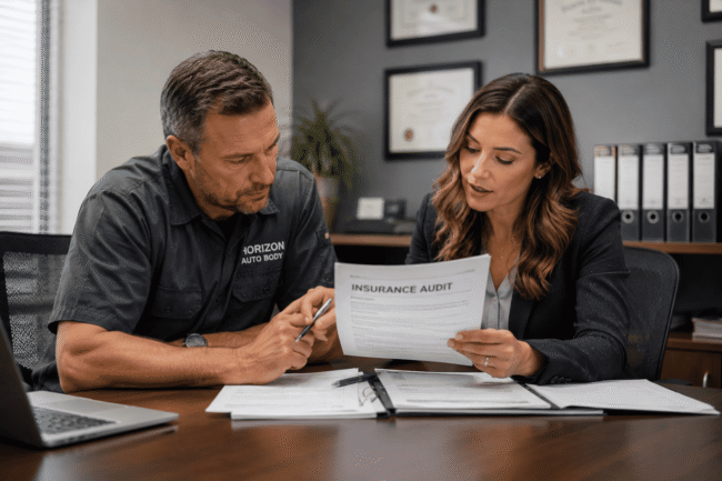 image-Collaborative-office-review-meeting Small business owner preparing for insurance audits with policy documents