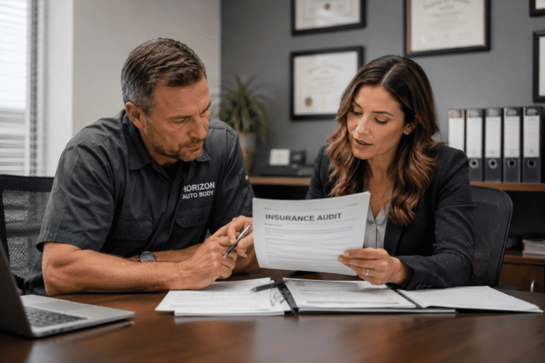 Small business owner preparing for insurance audits with policy documents