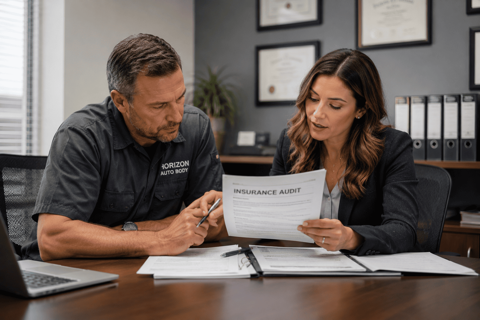 Small business owner preparing for insurance audits with policy documents