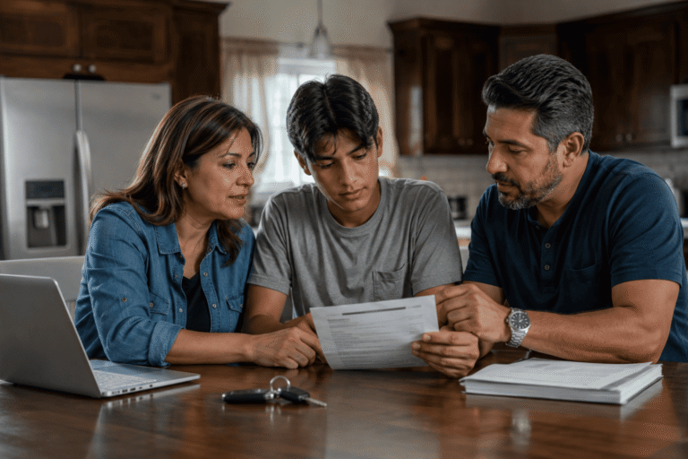 Parents reviewing family auto insurance options with a teen driver